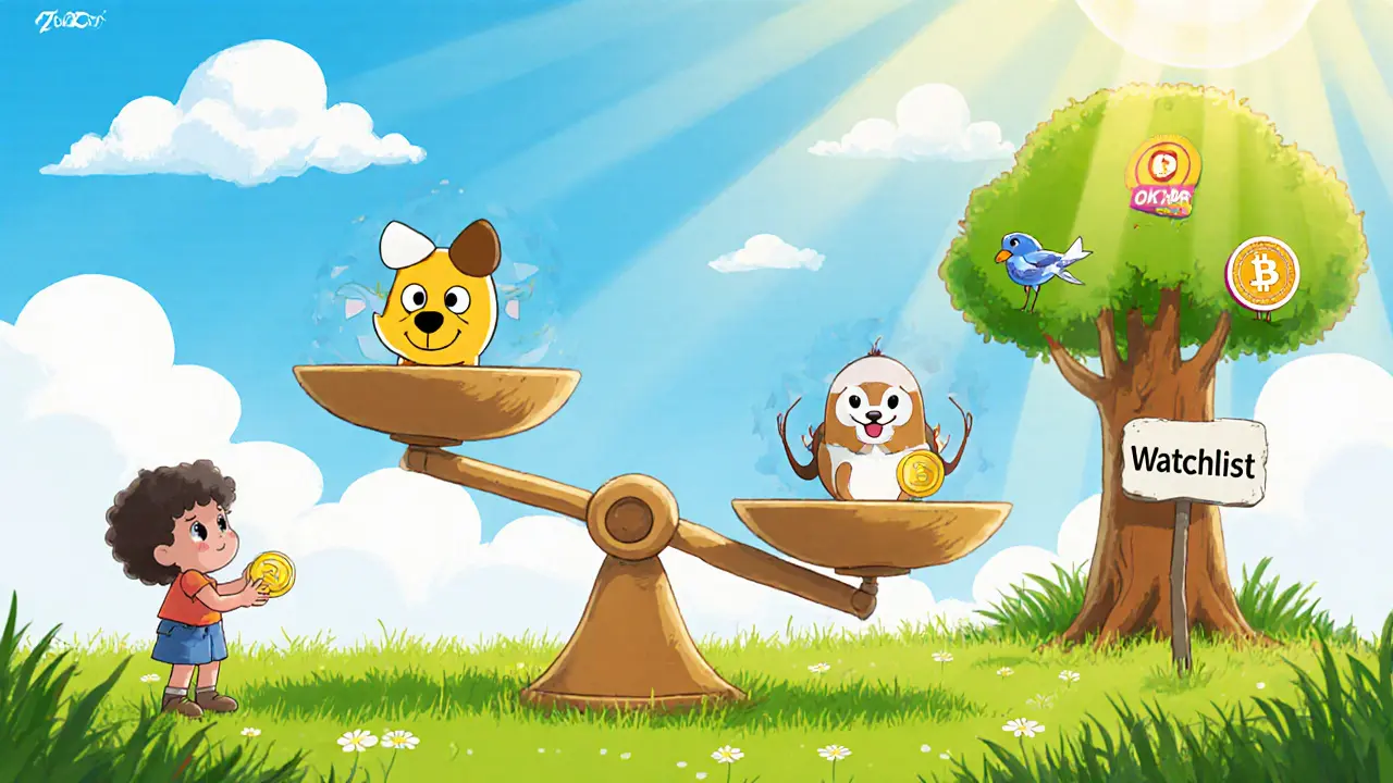 Balance scale compares DOGEX to major exchanges, child watches with a coin.