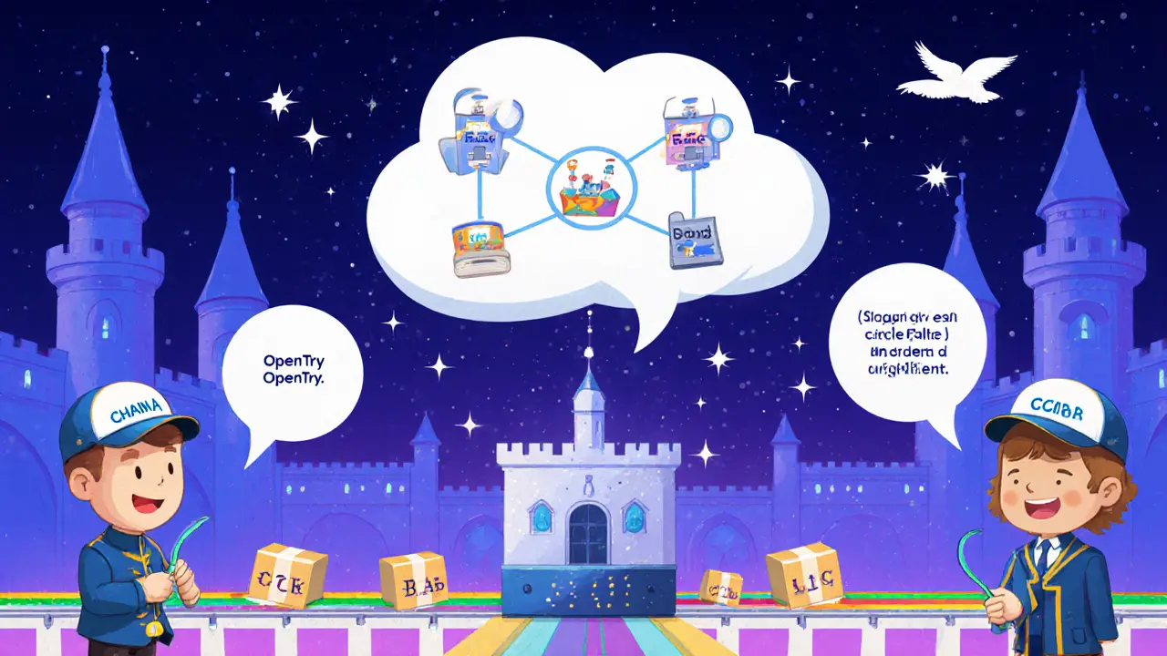 Cartoon characters perform IBC handshake steps while packets travel through a central router with oracle birds.