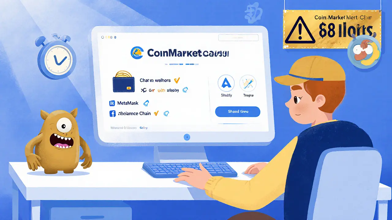 Cartoon scene of a user claiming THOREUM on a CoinMarketCap airdrop page with wallet and social task icons.