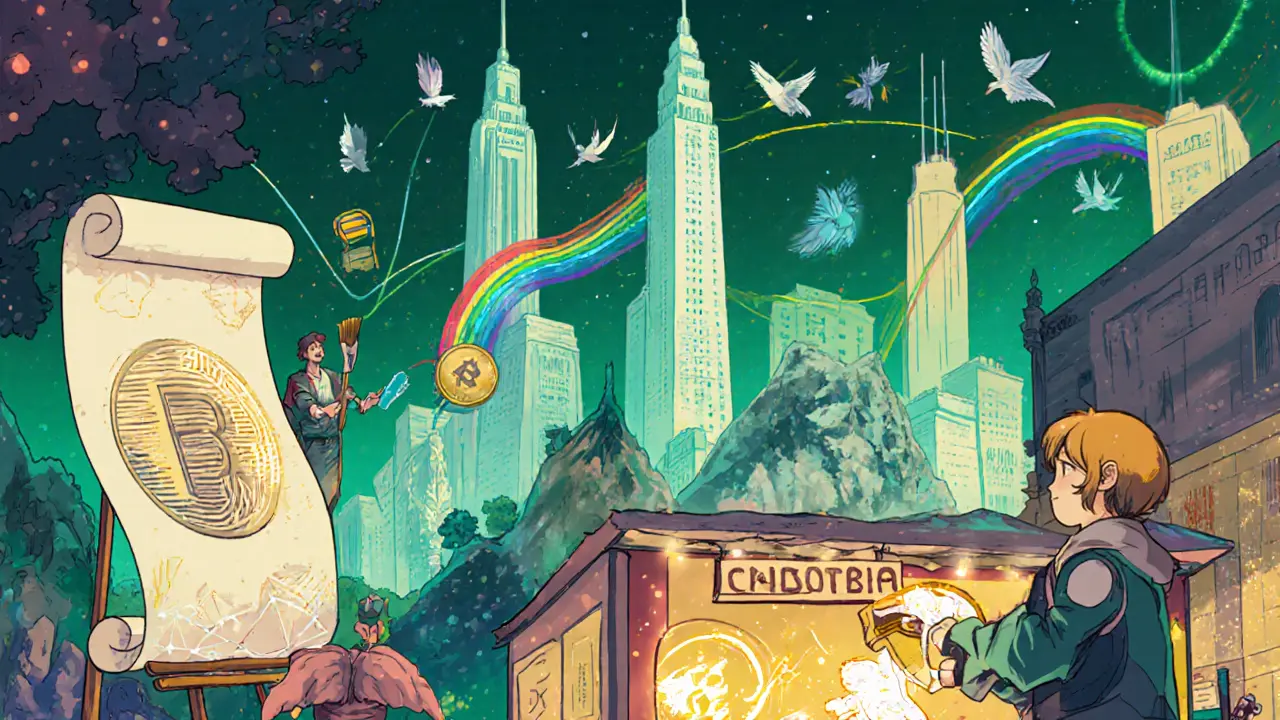 Cartoon scene of cross‑chain lending, NFT update, and merchant accepting USDC, connected by rainbow bridges.
