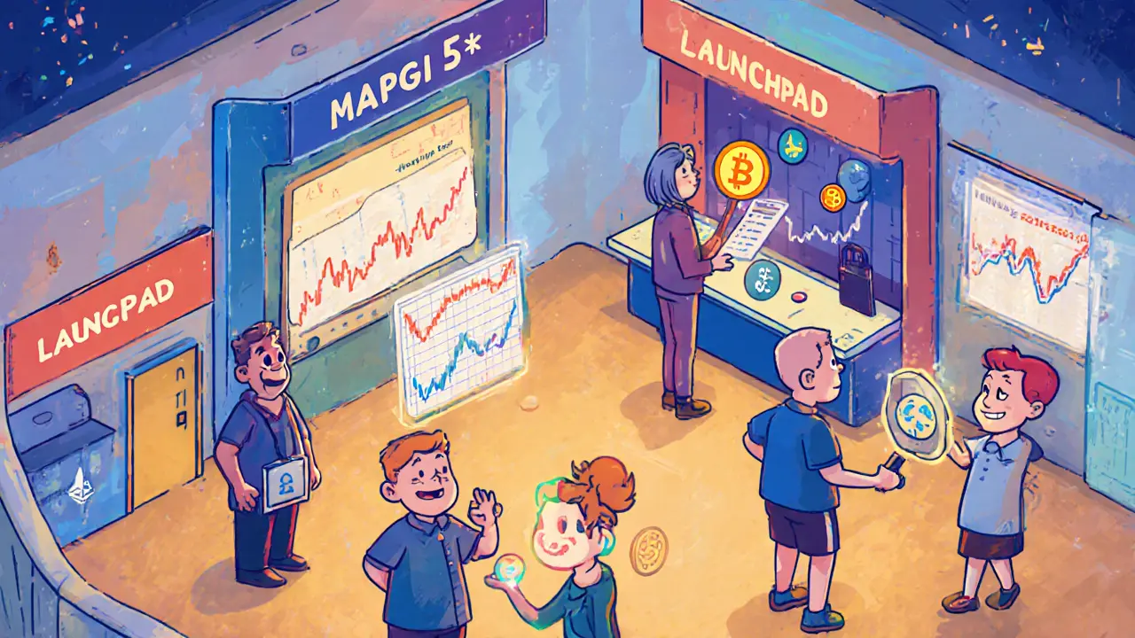 Colorful cartoon exchange floor displaying margin, OTC, launchpad, and missing charts.