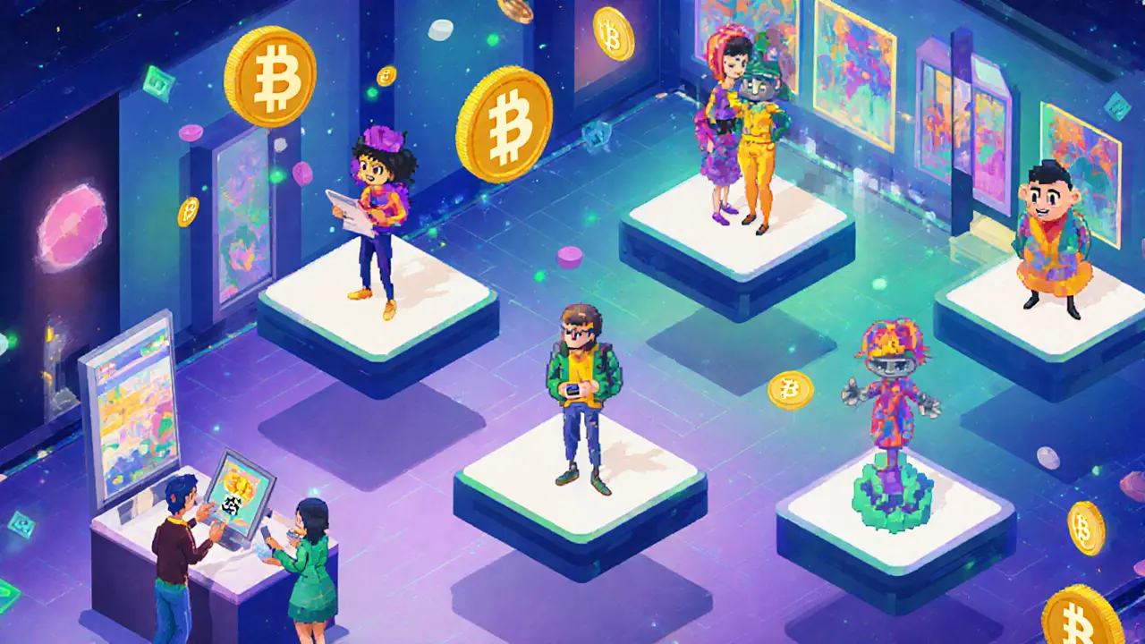 Creators minting 3D NFTs in a bright AvatarArt gallery, with BNU tokens floating.