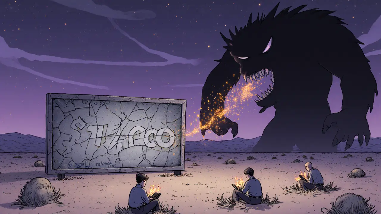 Desert-themed illustration showing empty trading board and few traders amid a gas fee monster.