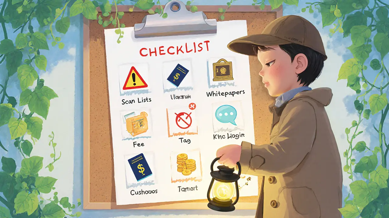 Detective with lantern checks a colorful crypto safety checklist with icons.