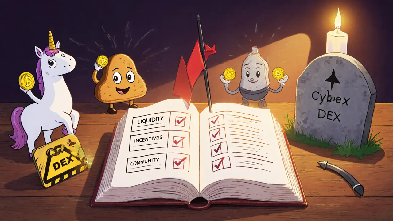 Open ledger with checkmarks for healthy DEX traits, a gravestone for Cybex, and mascot tokens offering guidance.