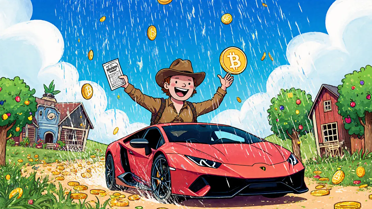 Playful illustration of a character driving a Lamborghini surrounded by THOREUM tokens and staking farms.