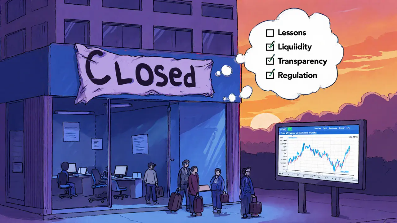 Sad cartoon illustration of Nanex closed with users leaving at sunset, highlighting lessons.