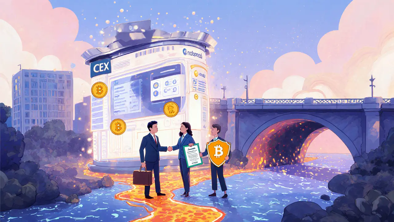 Cartoon hybrid exchange with central hub, wallets, security shield, and layer‑2 bridge.