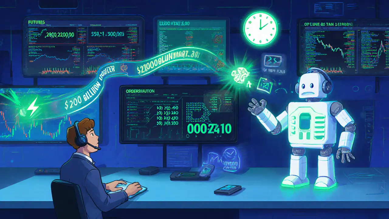 Cartoon trader watches fast matching engine and advanced trading tools on screens.
