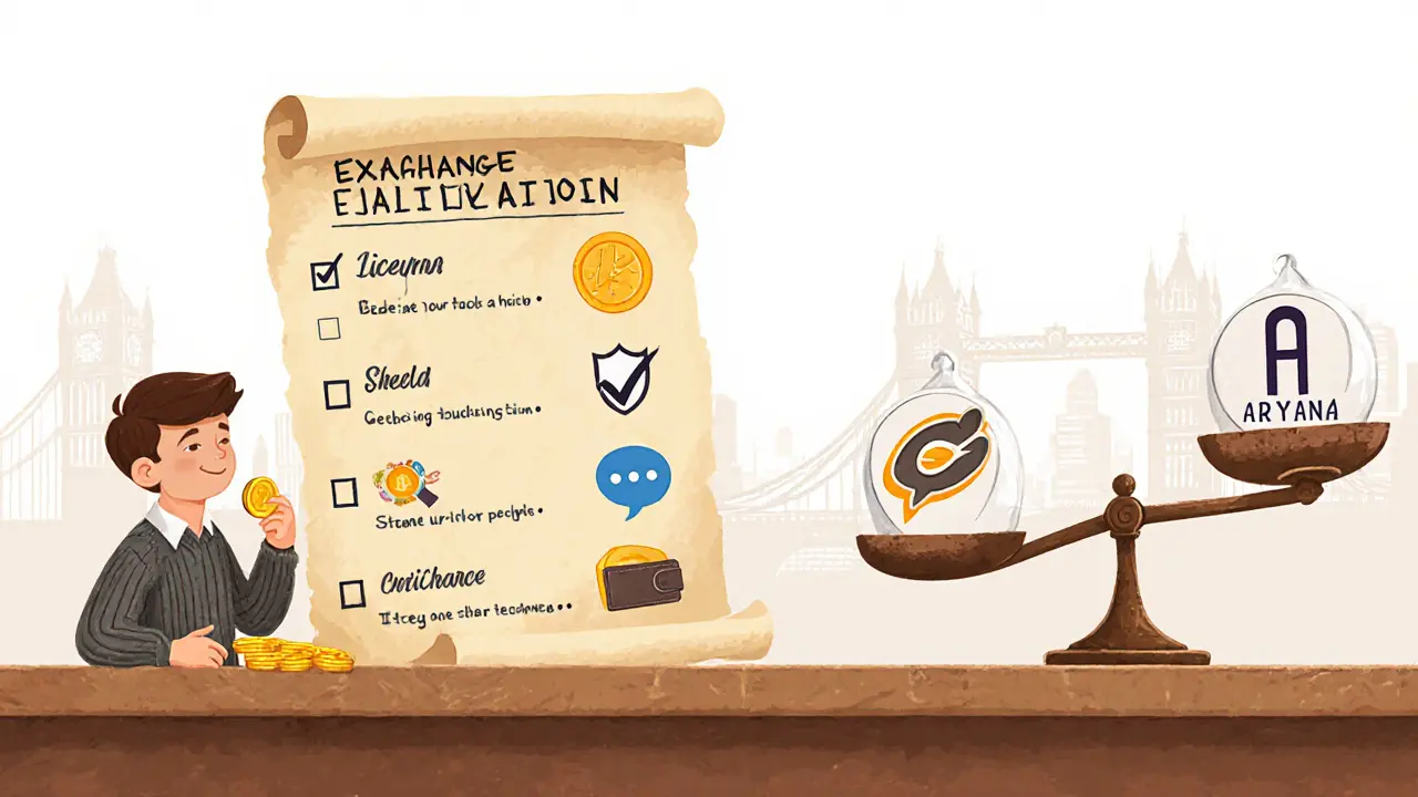 Checklist on parchment with checked items, trader holding a coin, and a scale balancing two exchange icons.
