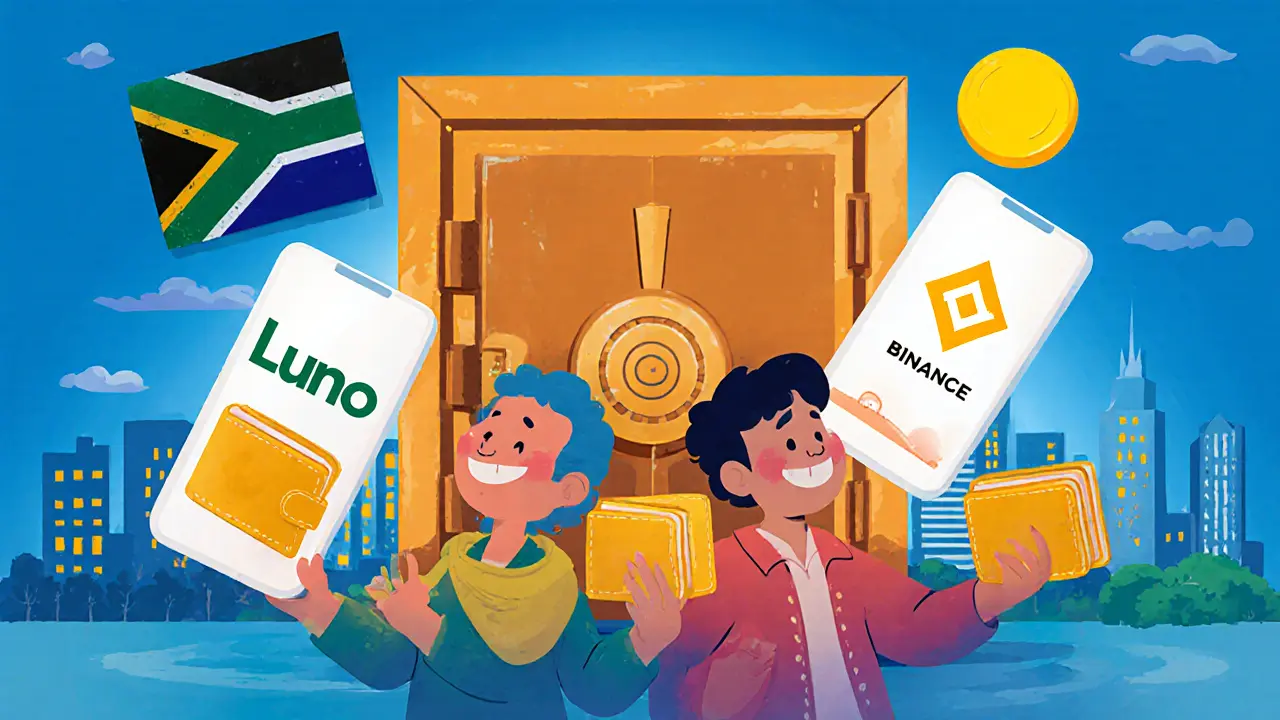 Cheerful scene of South African traders using Luno and Binance on mobile devices, holding hardware wallets.