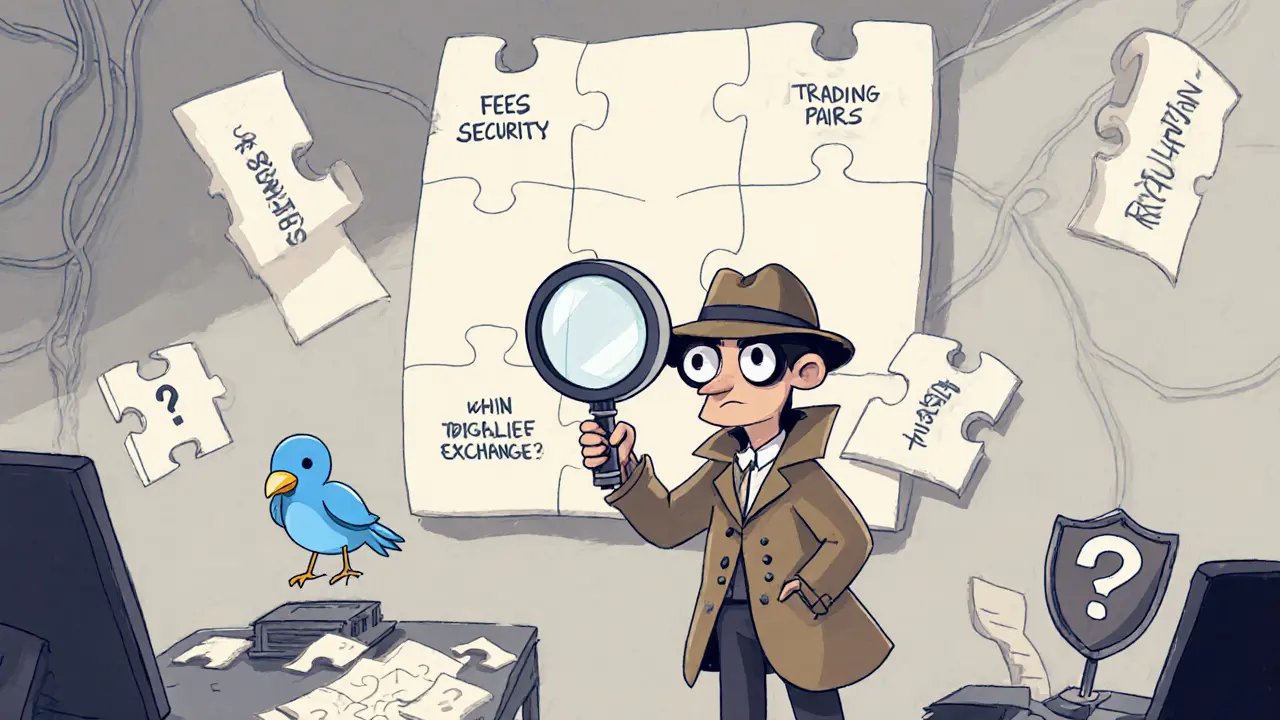 Detective with magnifying glass examines missing puzzle pieces labeled fees, security, and trading pairs.