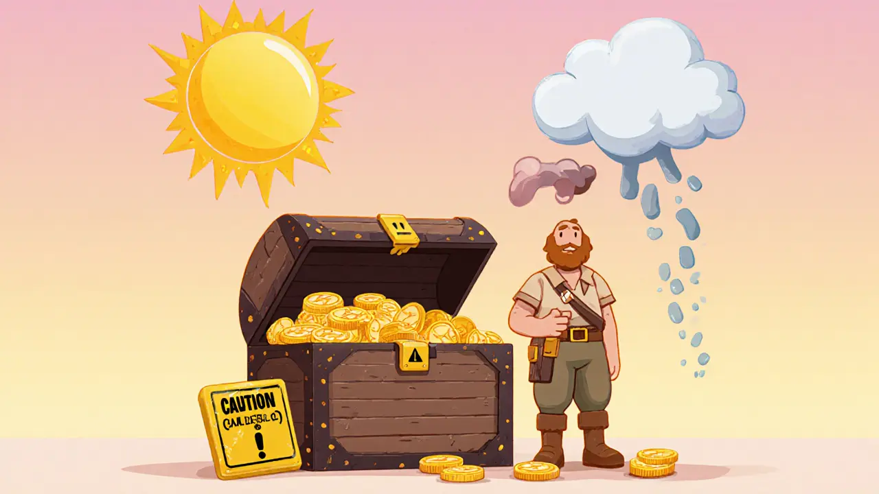 Illustrated explorer weighing a treasure chest of CAKE against caution signs, showing benefits and risks.