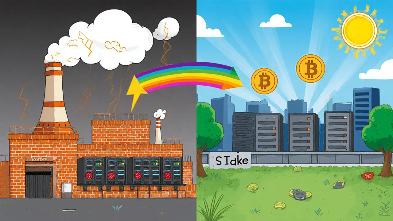 Side‑by‑side cartoon contrast: smoky mining farm vs green server garden illustrating PoW vs PoS.