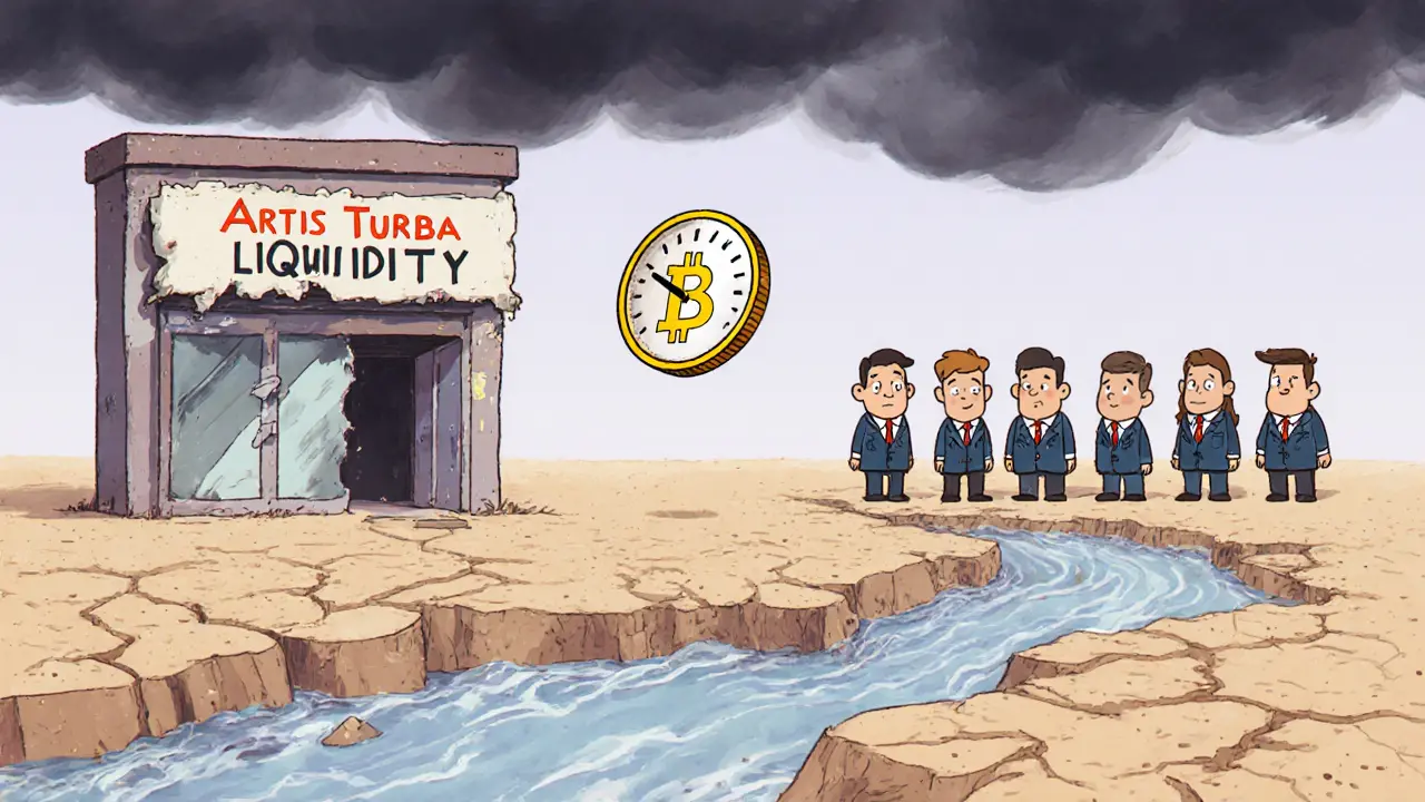 Storybook illustration of traders facing low liquidity and a fading Artis Turba building.