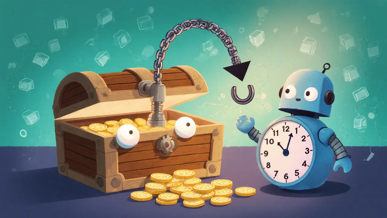 Storybook scene of a wallet robot automatically sending CAKE coins each hour with a clock.