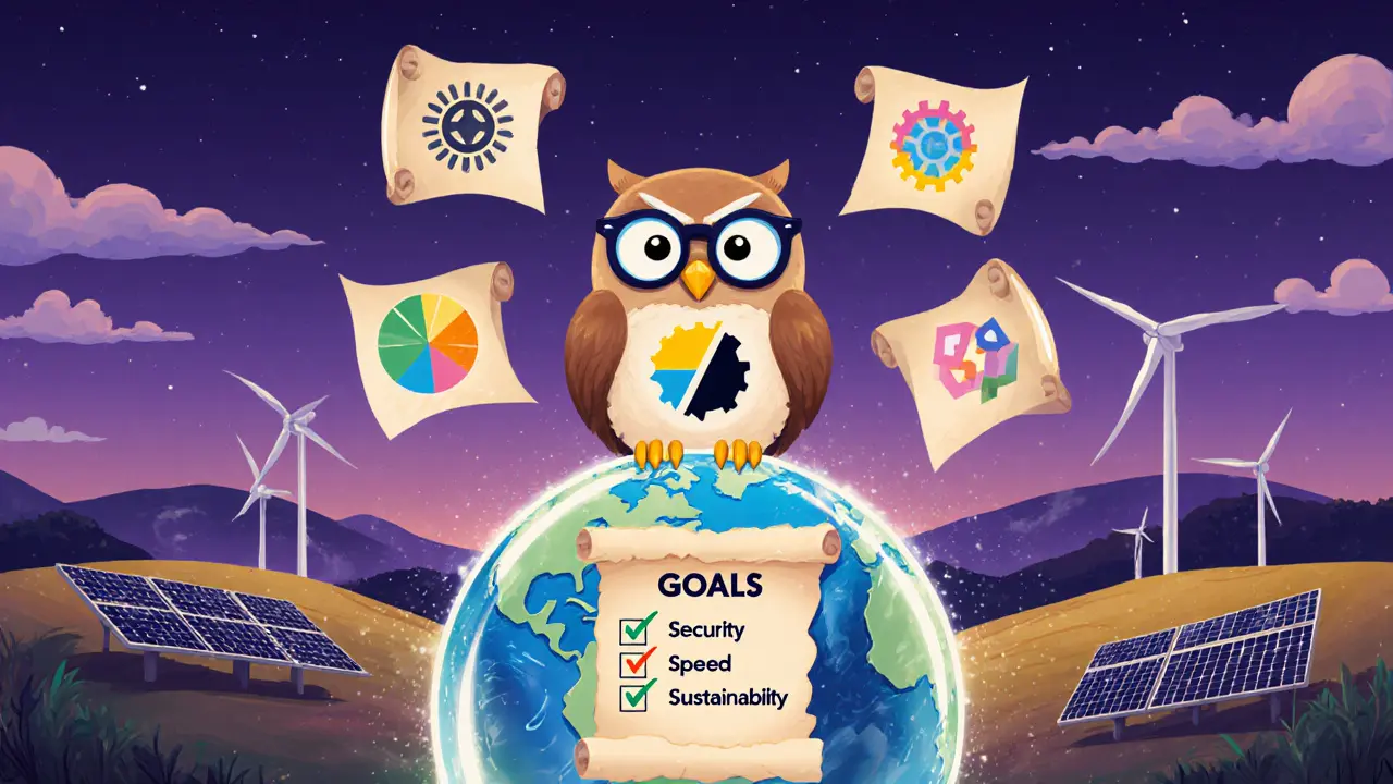 Wise owl on a crystal globe showing hybrid consensus icons and a checklist under a sustainable sky.