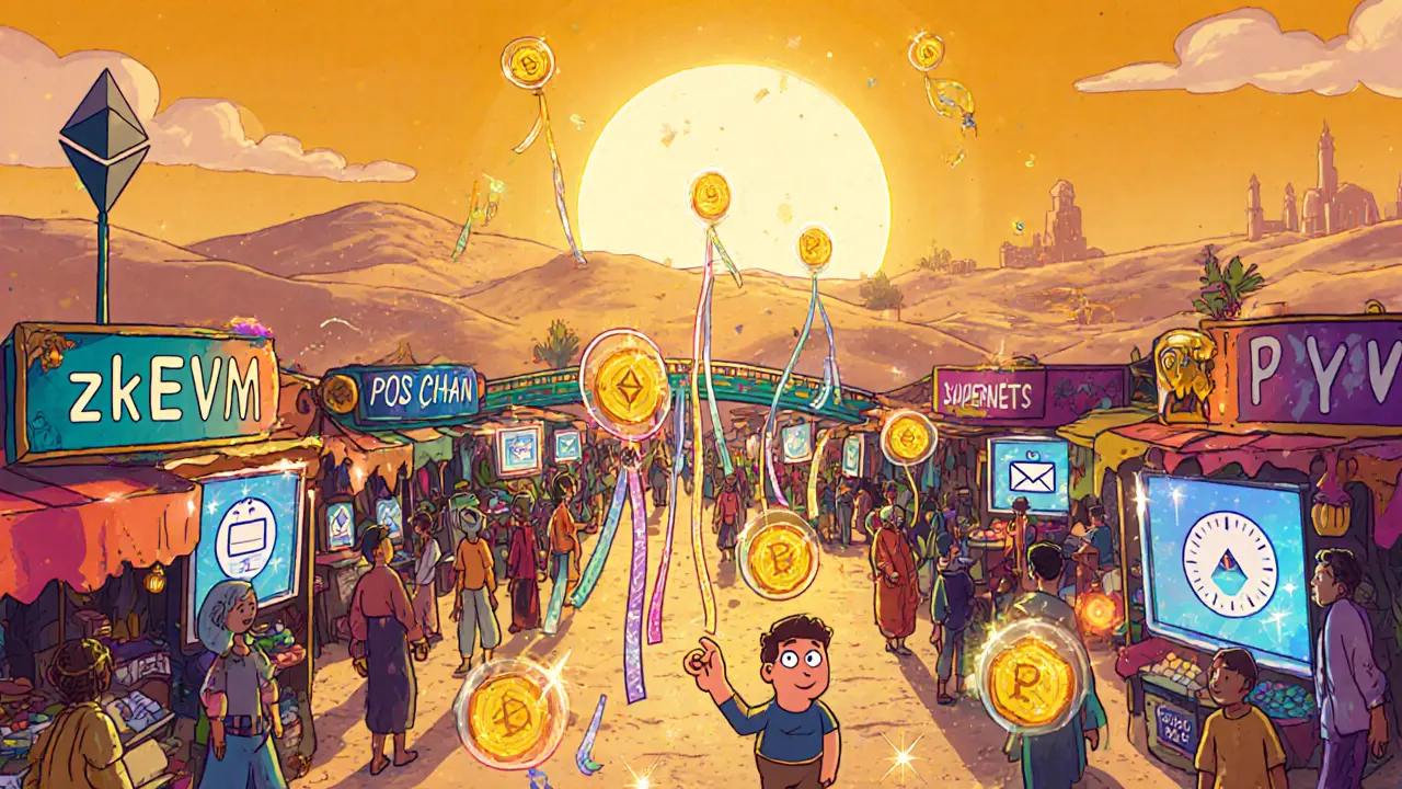 Dubai marketplace where glowing POL tokens are traded across colorful blockchain bridges.