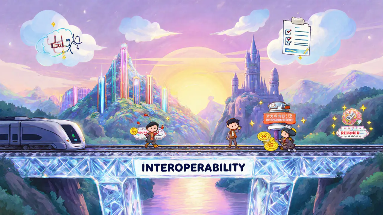Future scene of Sui, Render, and Internet Computer linked by a sparkling interoperability bridge.