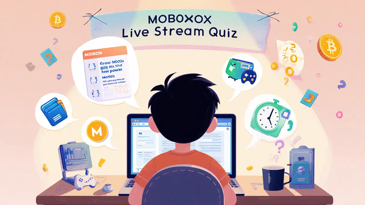 Gamer at a desk follows claim steps, watching live stream and answering quiz, with wallet icons.