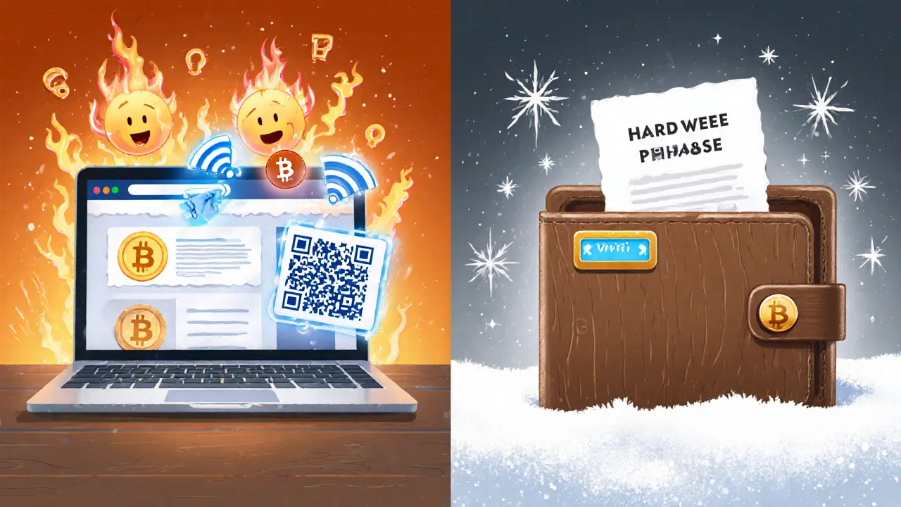 Storybook scene showing a hot wallet on a phone and web browser contrasted with a cold hardware wallet and paper seed in a safe.