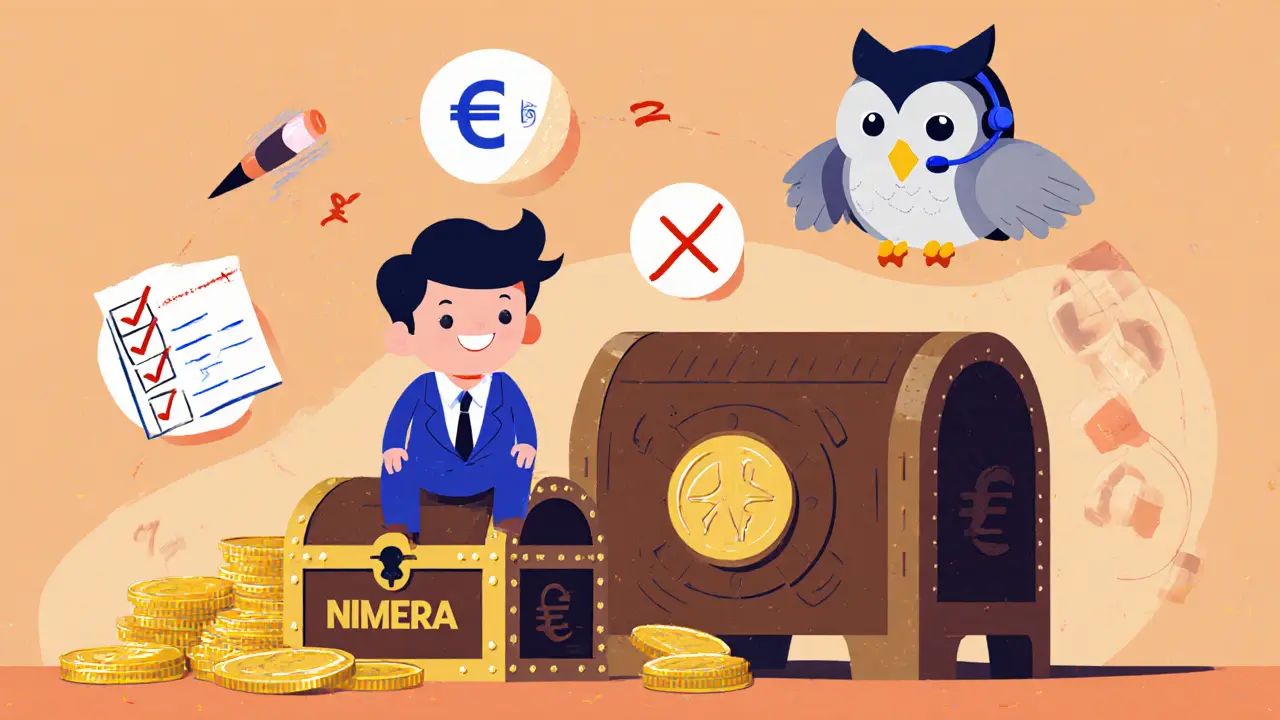 Trader with a small Nimera chest beside a larger exchange vault, aided by a support owl.