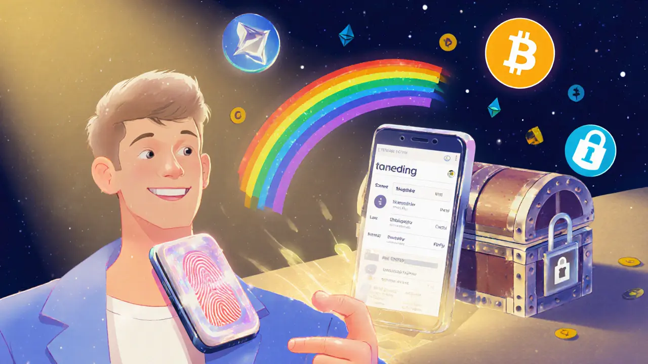 Whimsical illustration of a user unlocking a biometric phone wallet while a hardware device and multi‑chain symbols hover nearby.