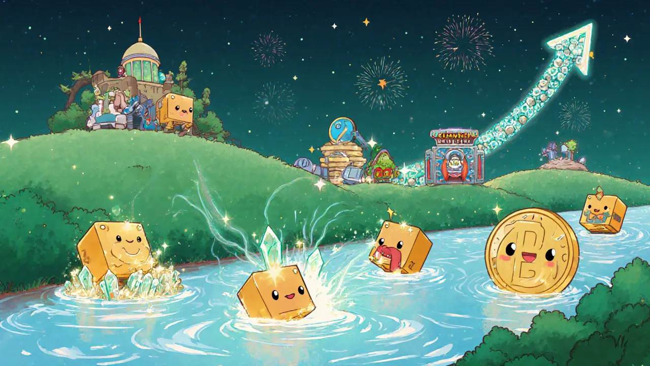 Whimsical illustration of MOMO NFTs mining MBOX, MEC crystals, and rising token value.
