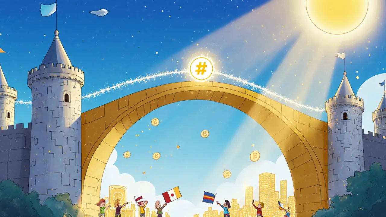 Hybrid bridge connecting a private castle network to a public sky city with a glowing hash.