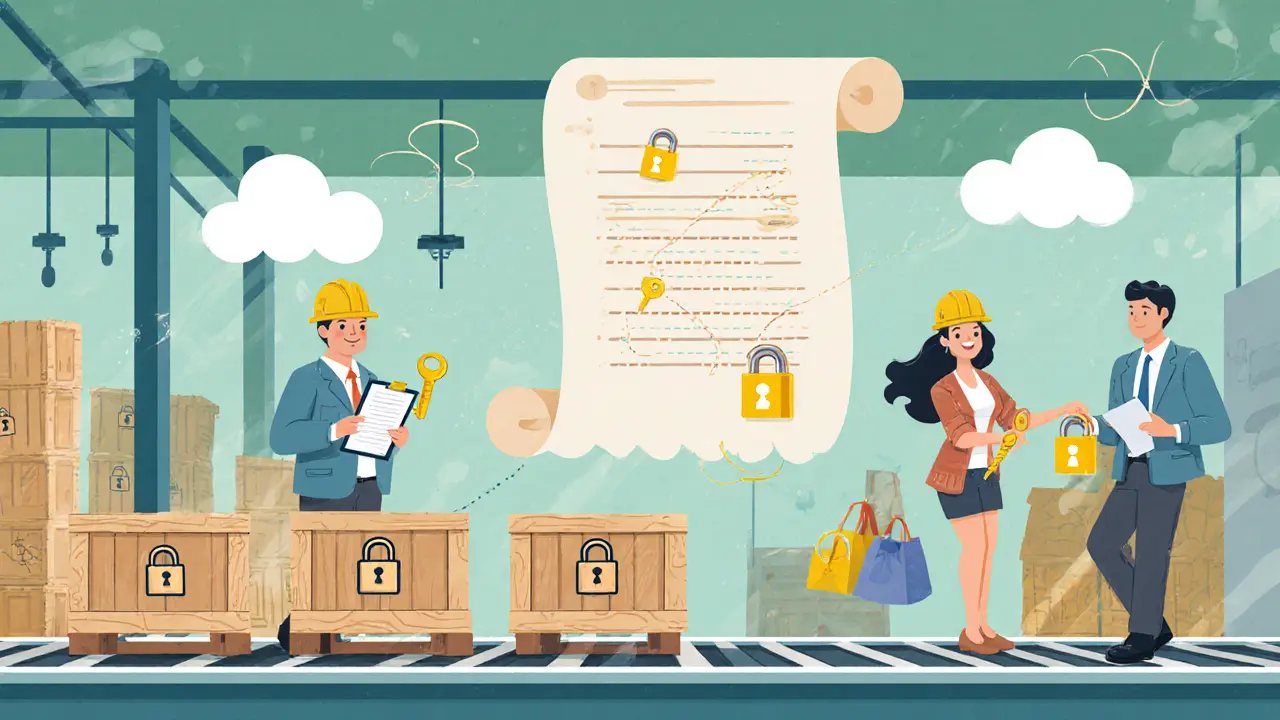 Supply‑chain scene with authorized characters linking crates to a private ledger.