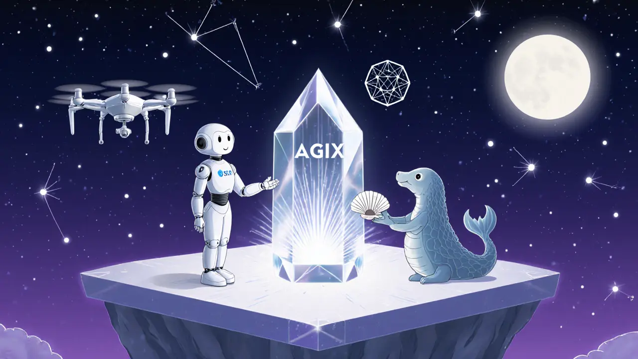 Alliance summit with Sophia robot, drone, and wave creature joining over a bright AGIX crystal.