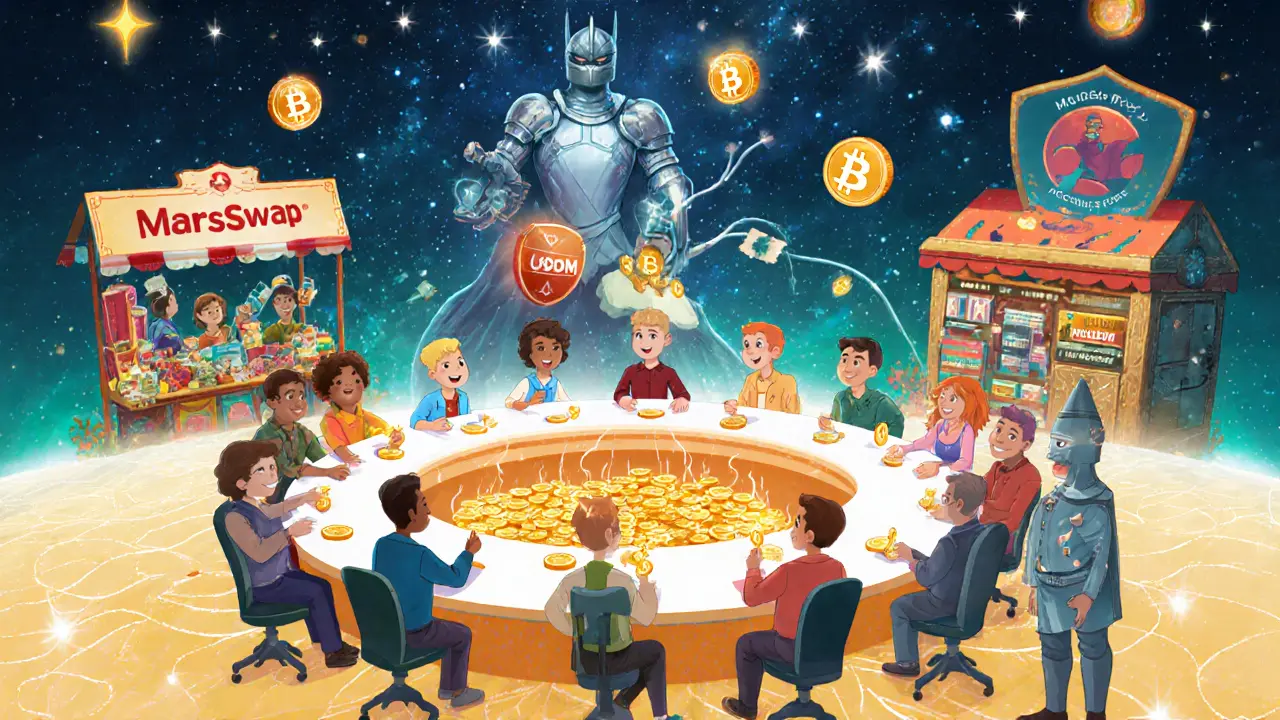 Council votes with XMS tokens while MarsSwap market and MugglePay shop operate nearby.