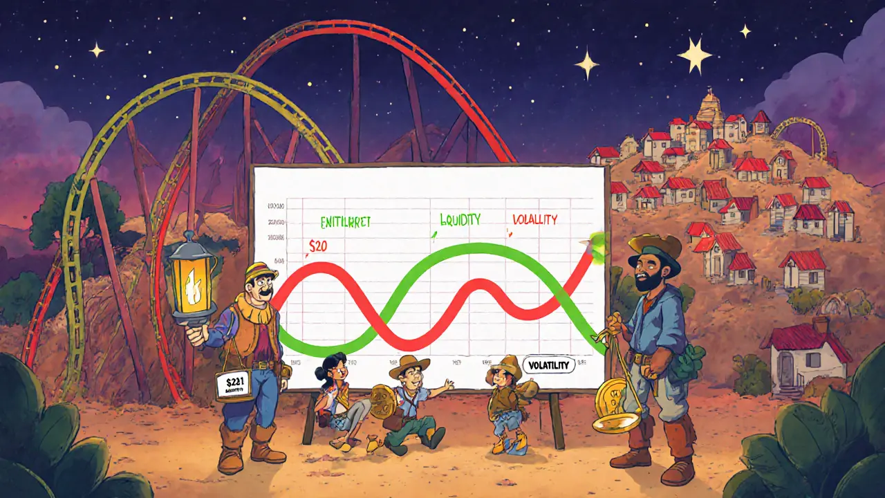 Explorers look at a roller‑coaster chart of EPS price, balancing safety and liquidity.