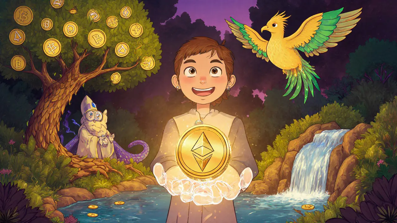 Hero staking a glowing AGIX token surrounded by Ethereum and Cardano guardians.