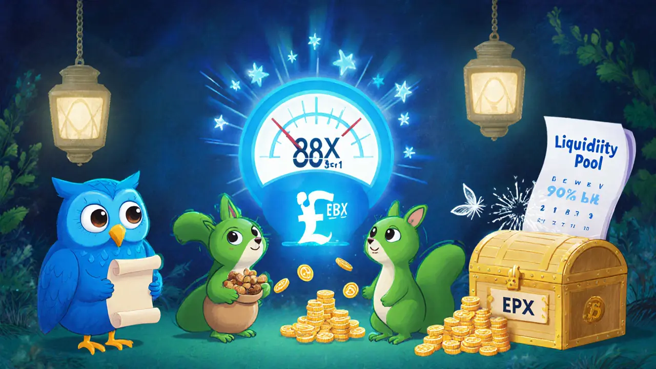 Owl (EPS) and squirrel (EPX) use a portal to convert tokens and stake EPX in a chest.