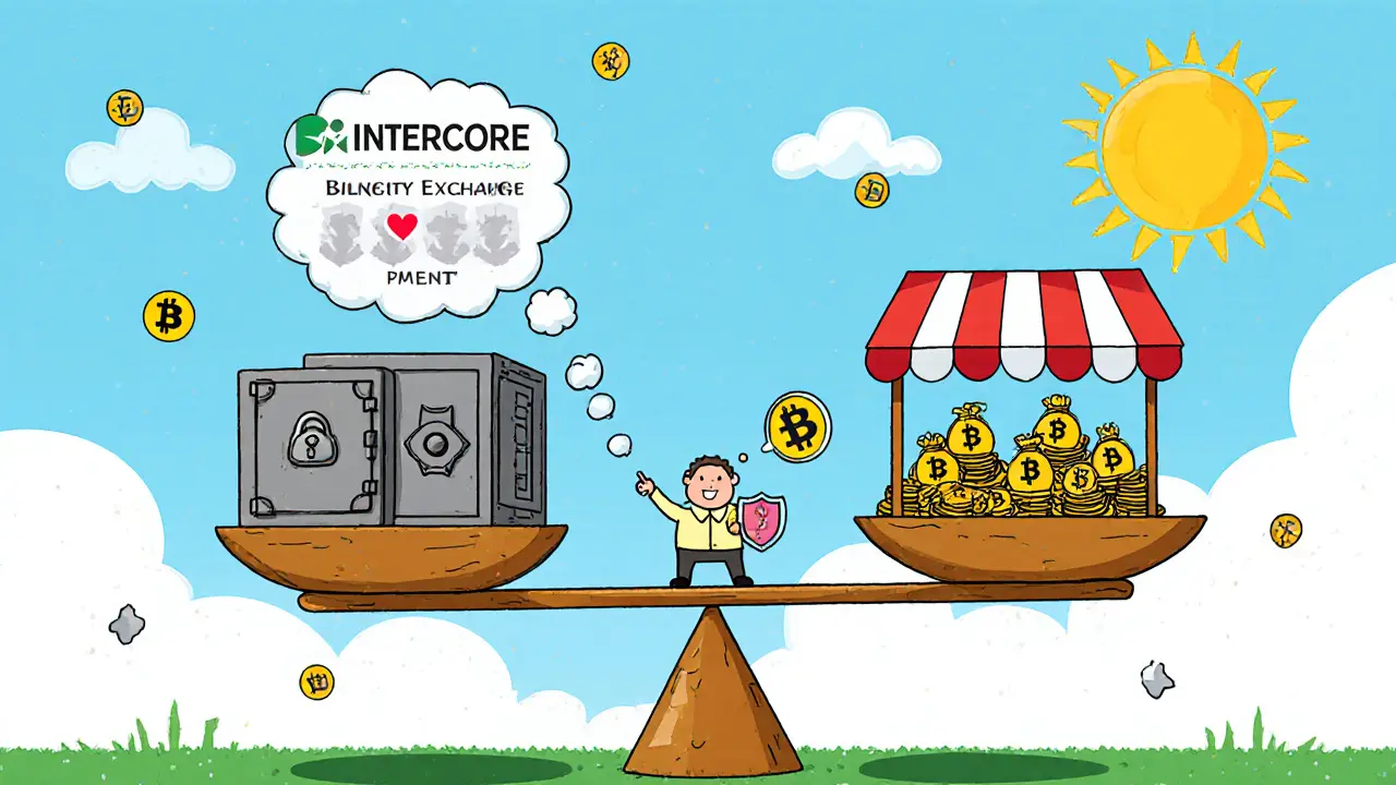 Storybook scale balancing Intercore vault and Binance market stall, with trader favoring Intercore.