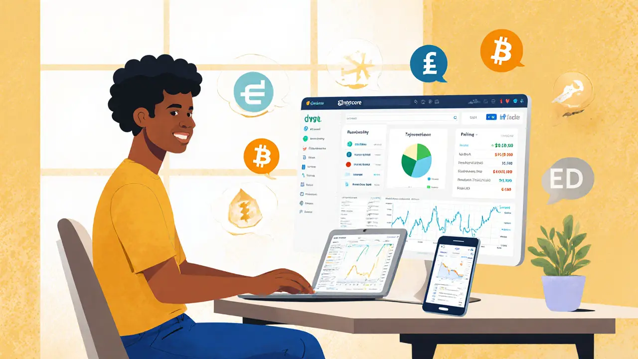 Trader at desk using Intercore dashboard and mobile app, surrounded by floating crypto and fiat icons.