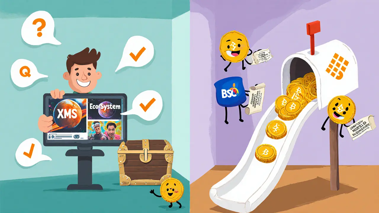 User watches educational videos and receives XMS tokens into a BSC wallet.