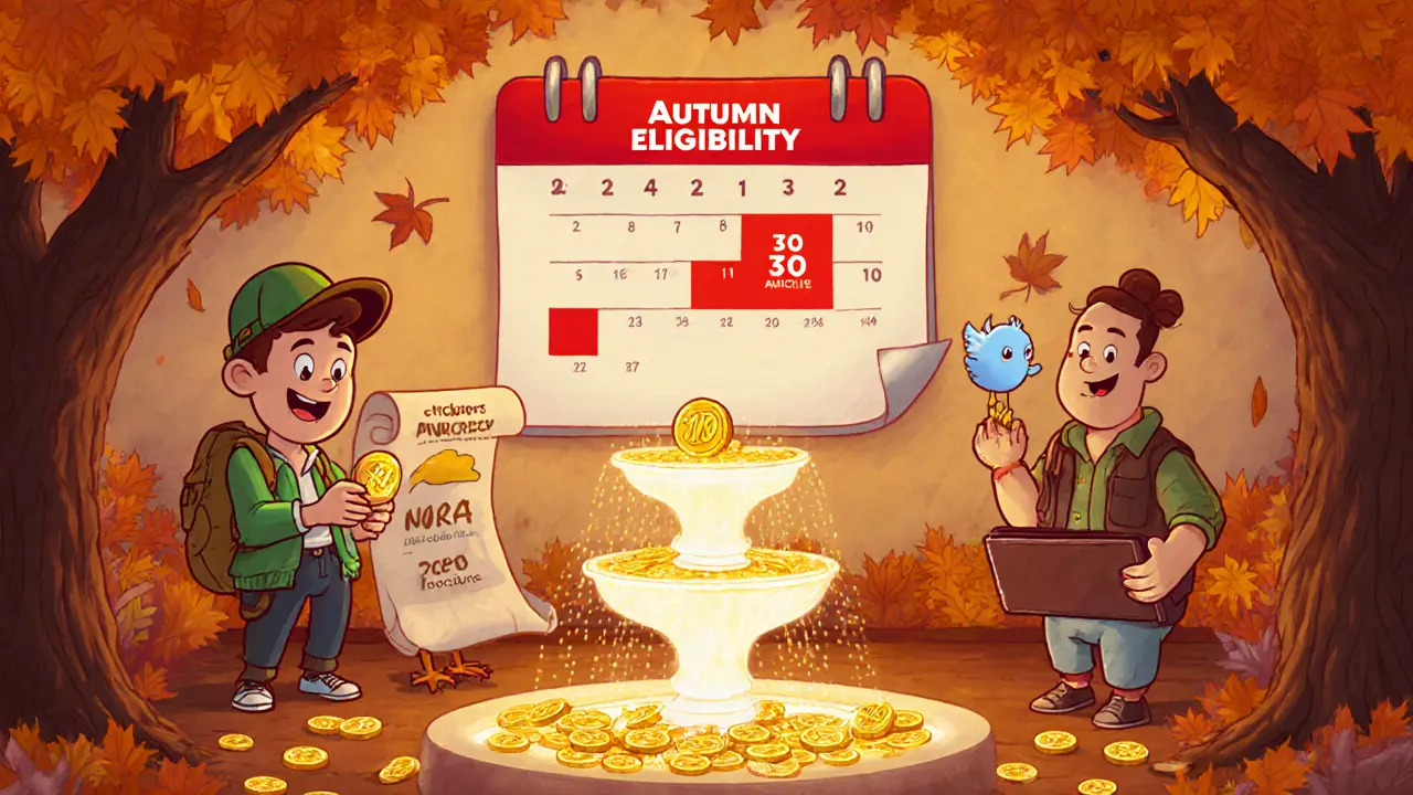 Autumn community hub showing characters checking eligibility for the NORA airdrop with a calendar and token fountain.