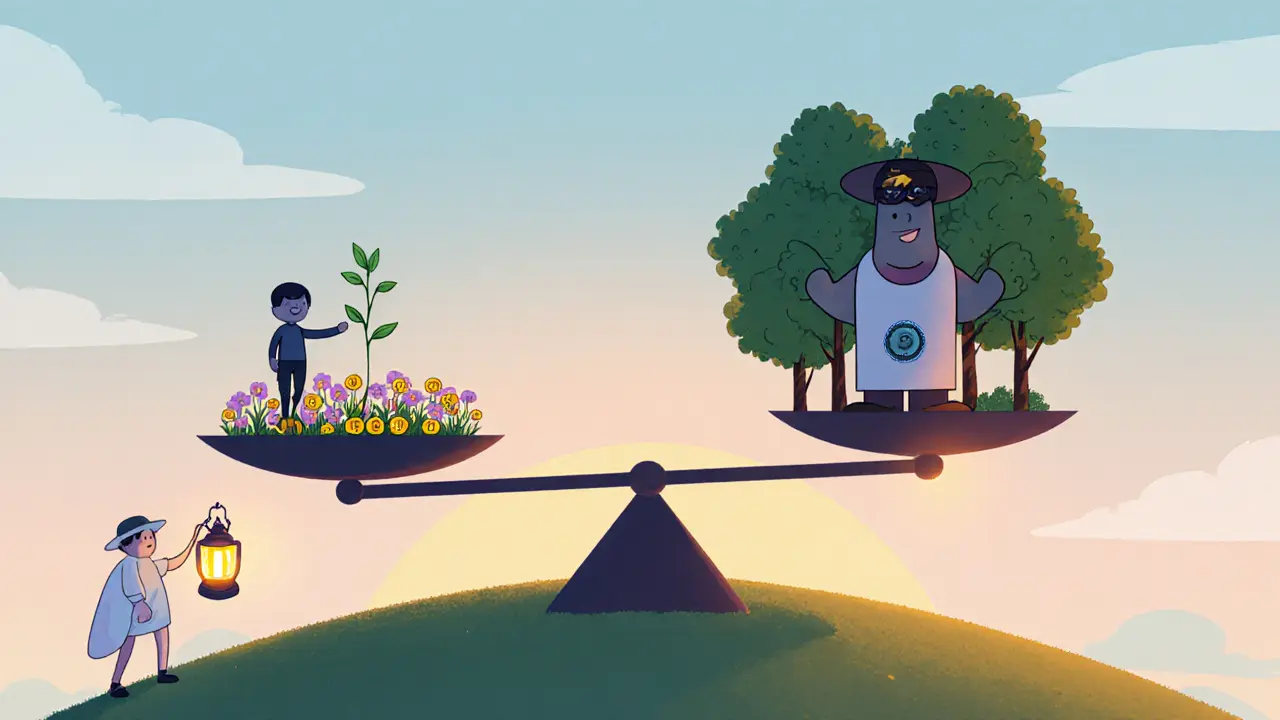 Balance scale shows EvmoSwap niche platform versus major exchanges at sunset.