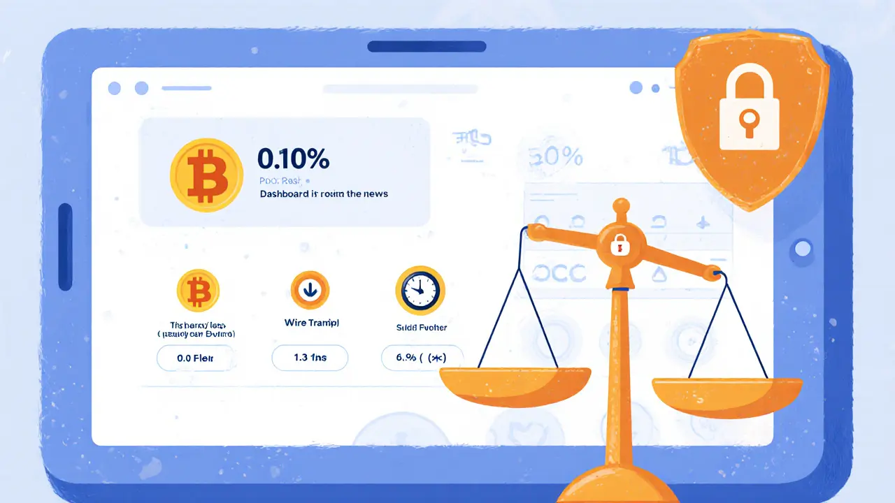 Cartoon CoinZest dashboard showing flat fee, Bitcoin withdrawal, wire transfer, and security shield.
