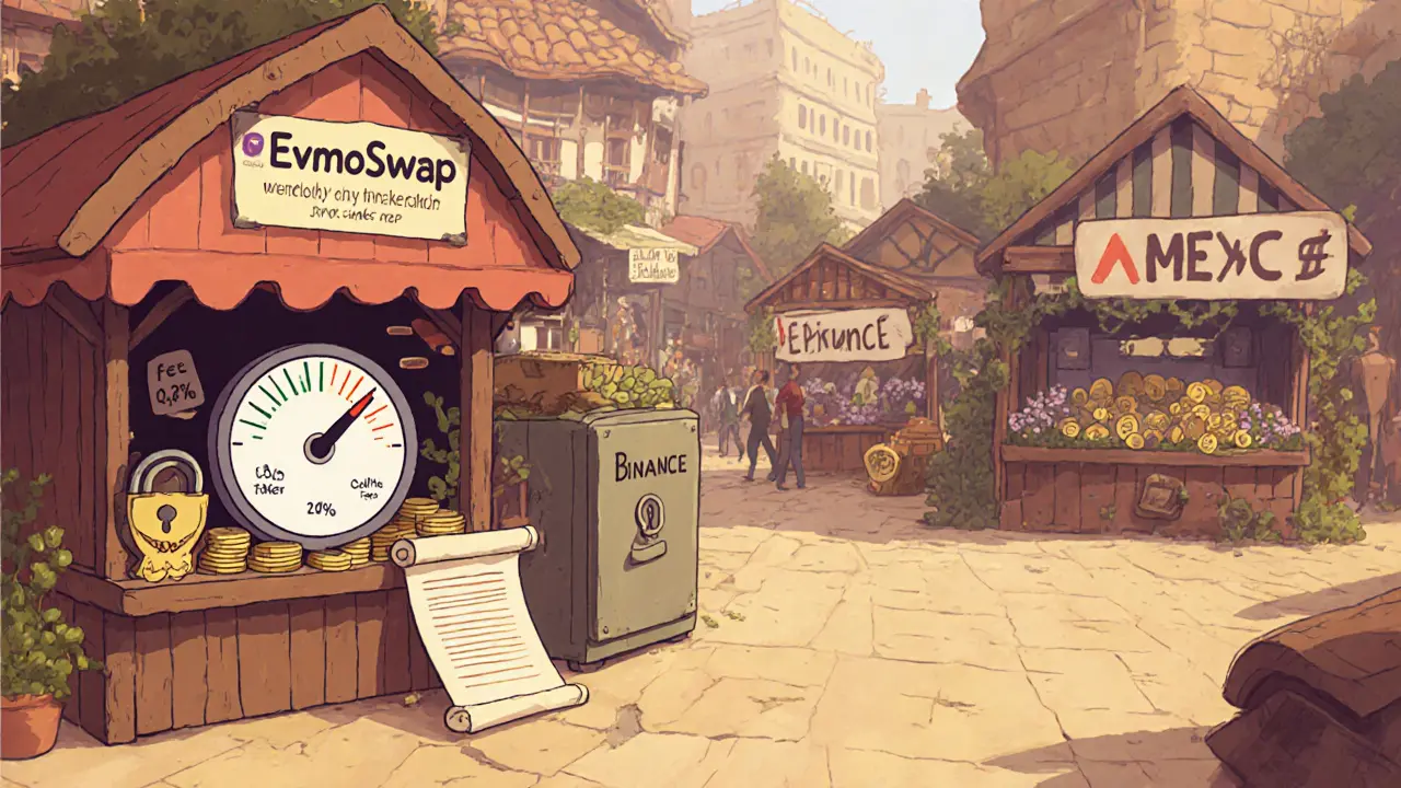 Cartoon market comparing EvmoSwap fees and security with larger exchanges.
