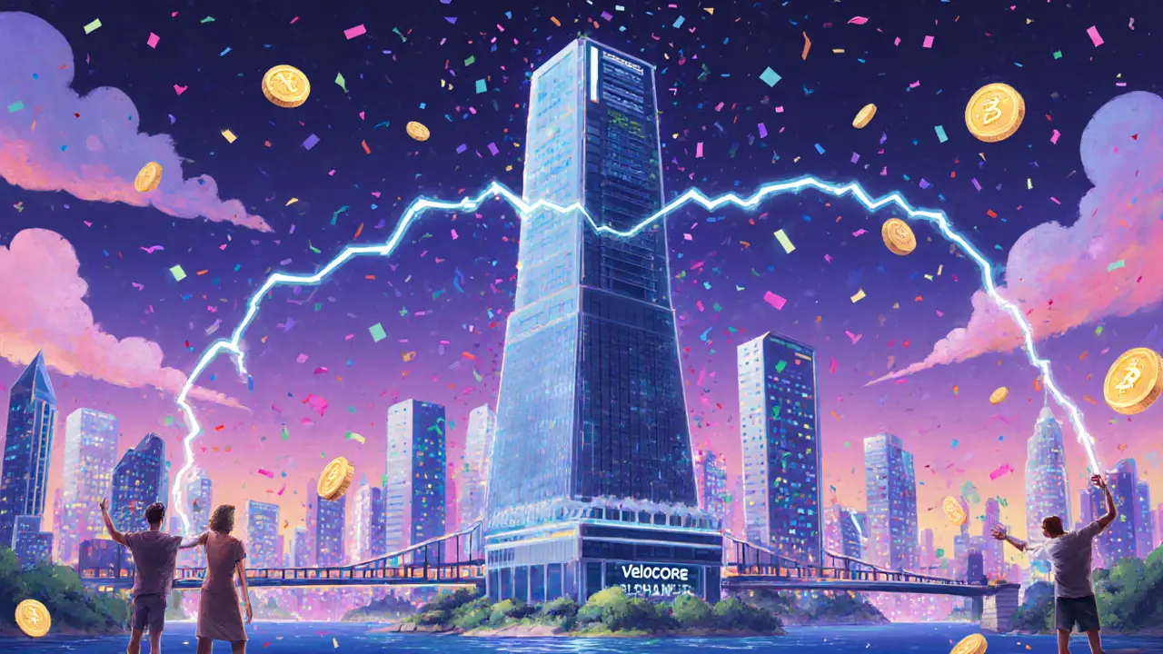 Future Velocore city on zkSync with happy traders and low-fee symbols.