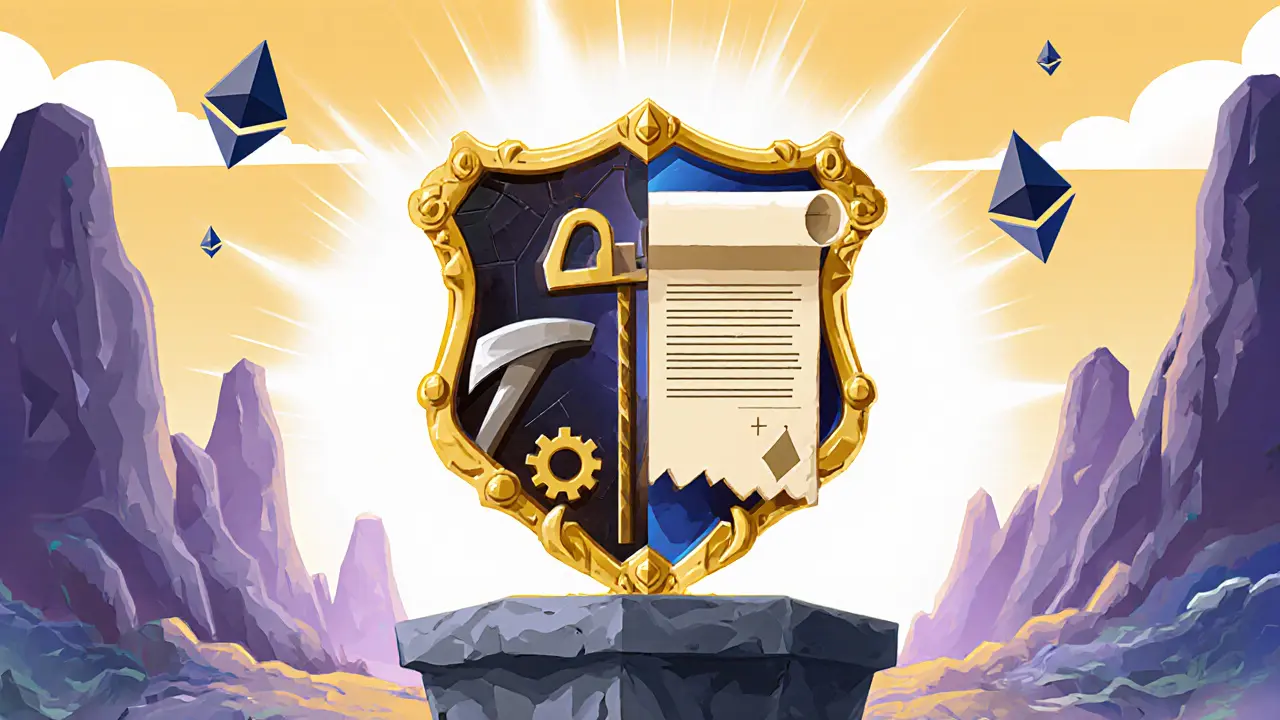 Ornate New Era NFT badge combining mining tools and a scroll, glowing on a pedestal in a futuristic mining scene.