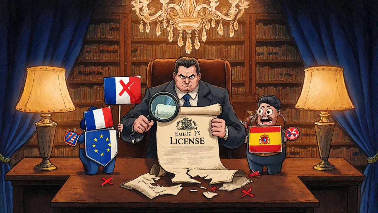 Regulators examine RaiseFX license with AMF and CNMV red X signs.