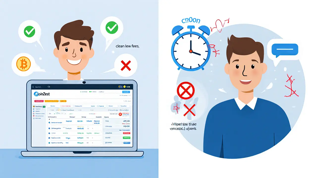 Split illustration of happy user on simple exchange and frustrated user waiting for fiat transfer with pros and cons icons.