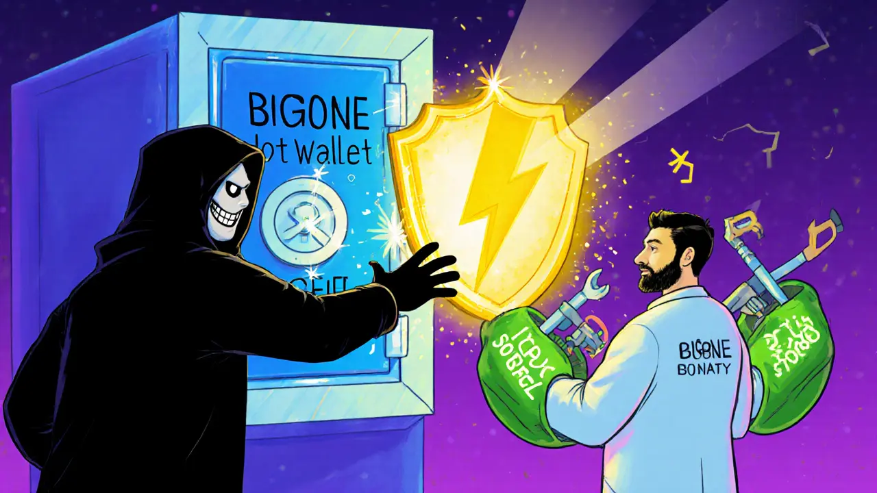 Storybook scene of a hacker attacking a hot‑wallet vault, defended by security shields.
