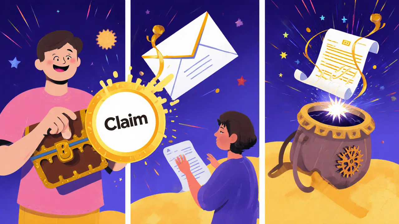 Three cartoon panels showing a user clicking a claim chest, receiving an email envelope, and a NFT spark entering a magic wallet.