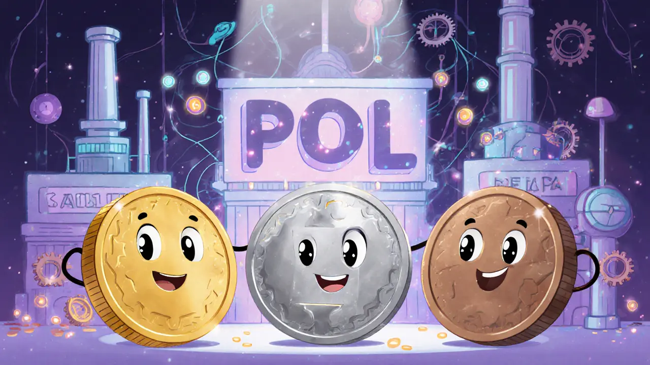 Token characters collaborate in a magical factory illustrating ve(3,3) and POL.