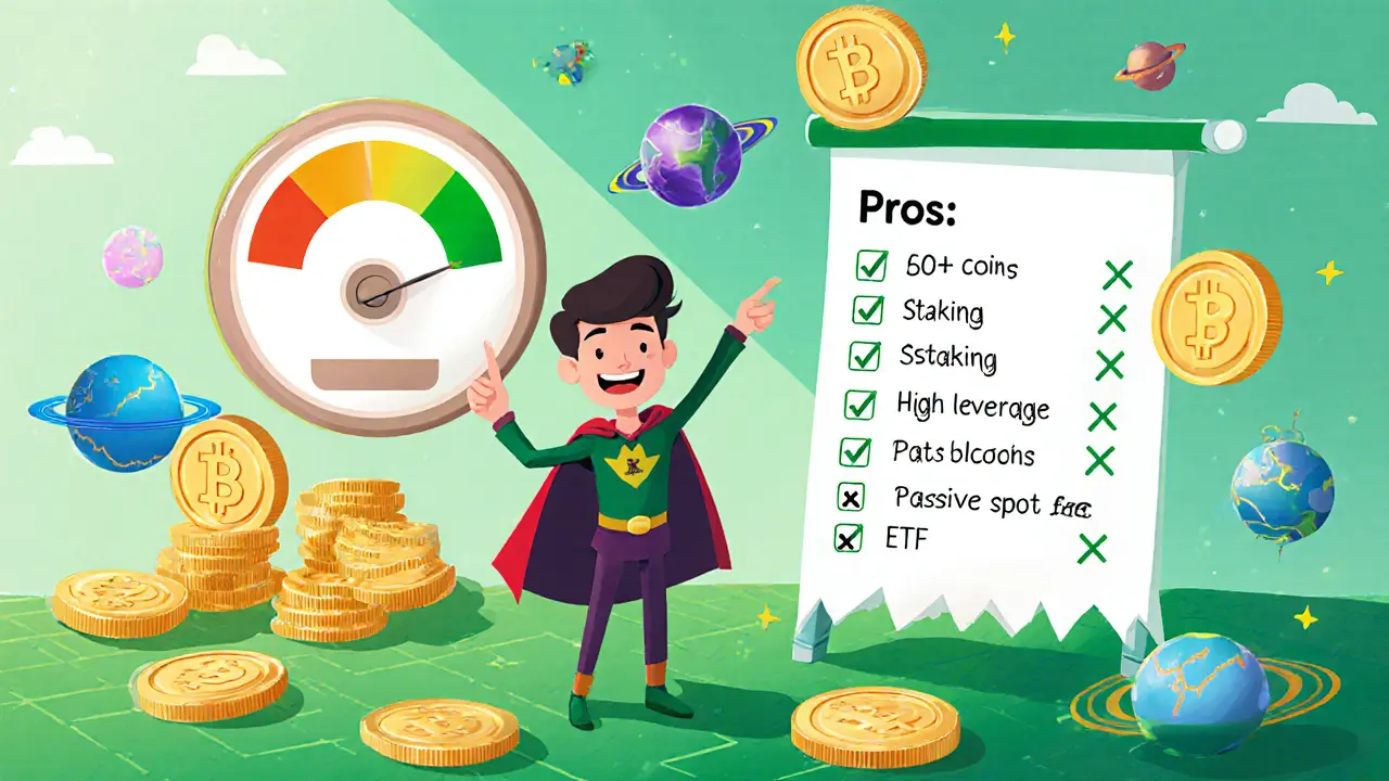Trader celebrating high leverage and passive‑income features with floating charts and checklist.